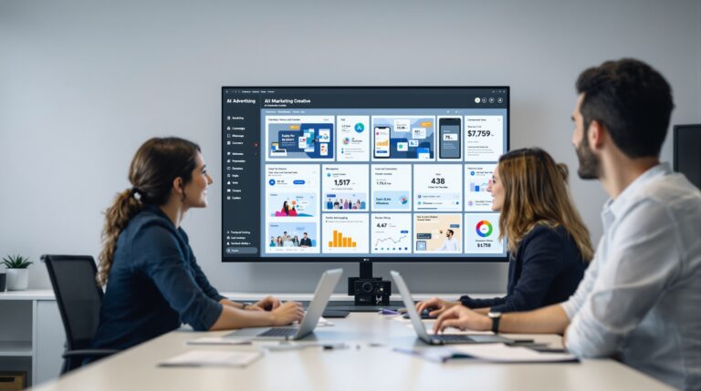AI ad generator dashboard with campaign creative variants and performance analytics