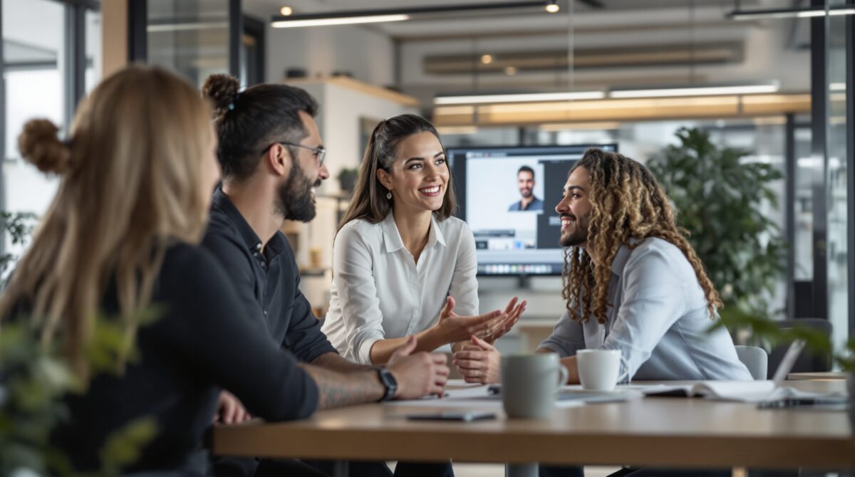 team discussing ai avatar video